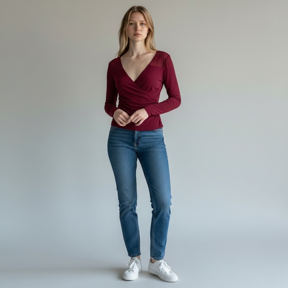 Vivienne Tam Mesh Wrap Top Womens 2 Burgundy Ruched V-Neck Long Sleeve Blouse